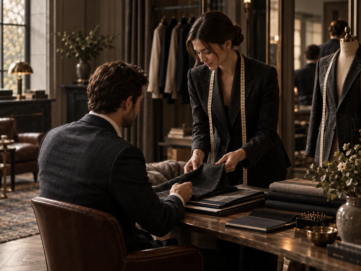 A tailor and a client seated at a table, looking over cloth during a private consultation