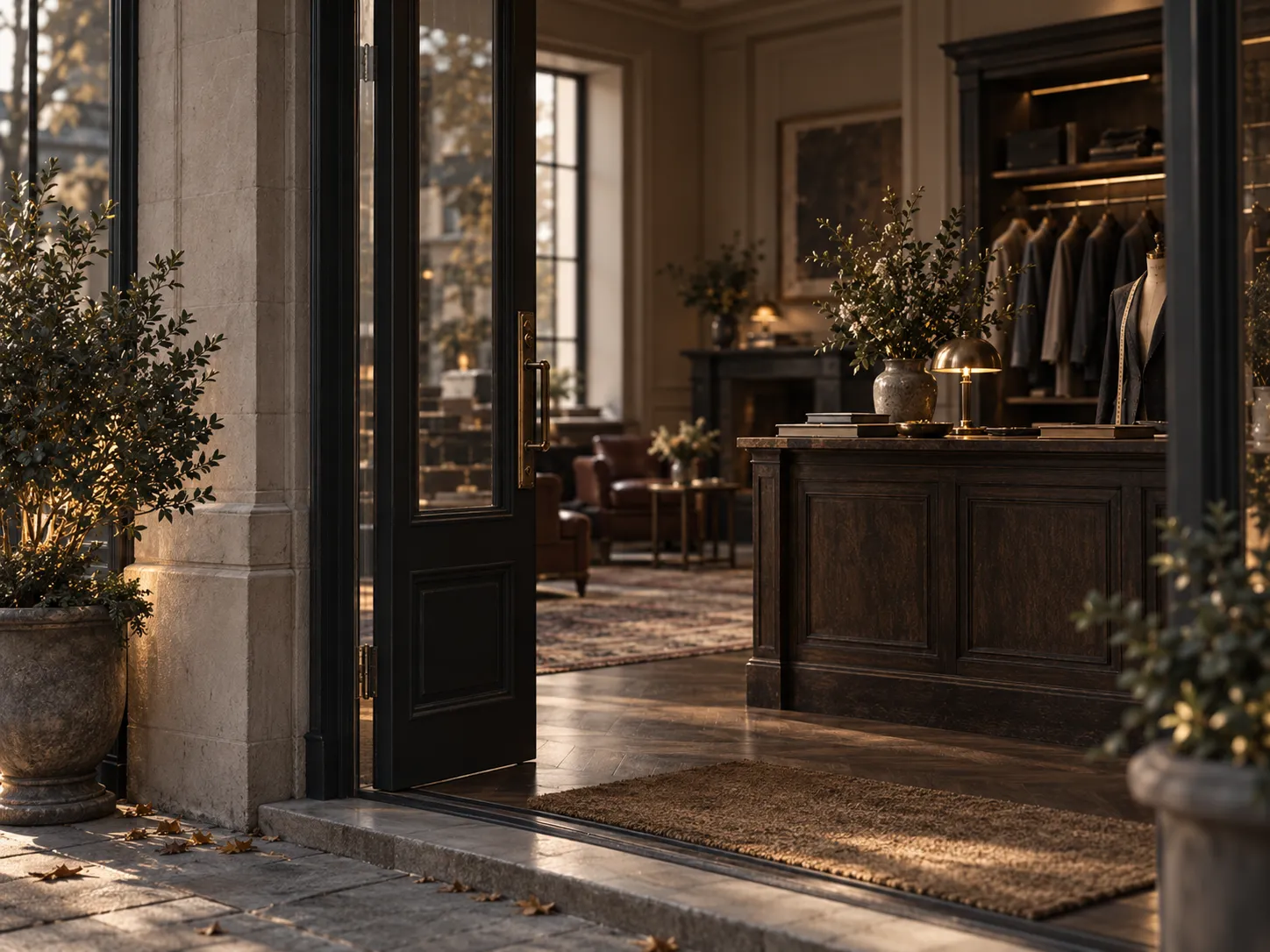 A doorway opening into a warm, wood-paneled tailoring studio with a reception desk and potted olive branches