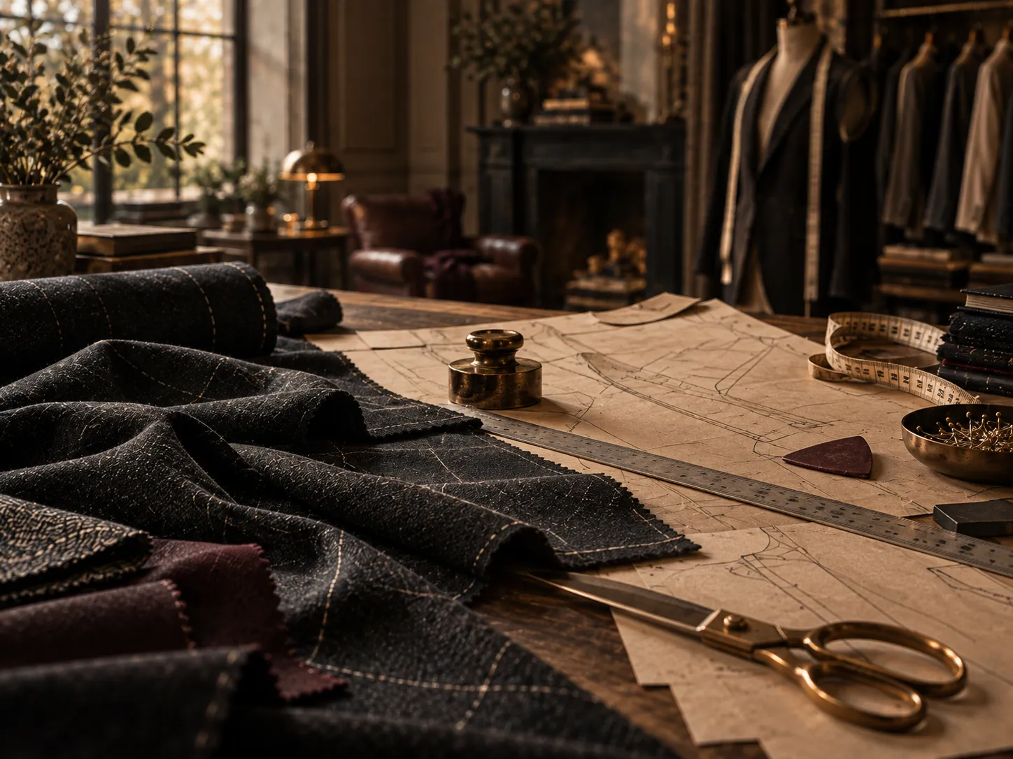Pattern paper, a tape measure, and shears on a cutting table beside folded wool cloth