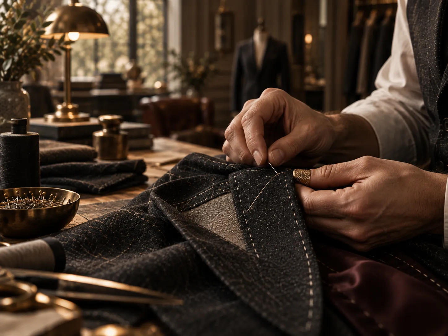 Hands stitching the lapel of a tailored jacket by hand