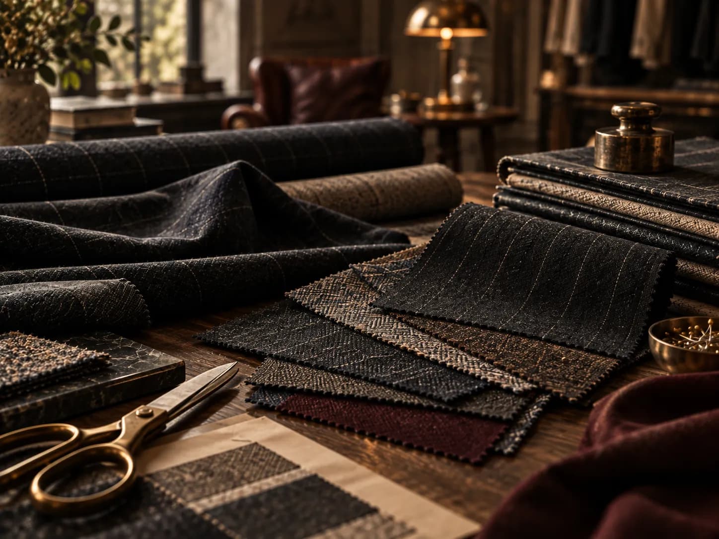 Wool suiting swatches in checks and burgundy laid out beside brass shears