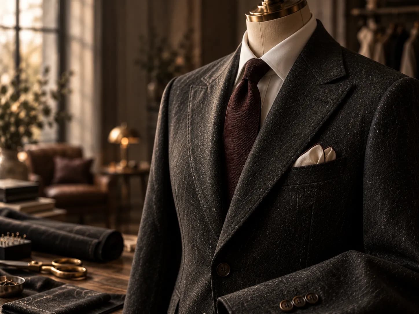 Close view of a charcoal suit jacket lapel with a burgundy tie and white pocket square