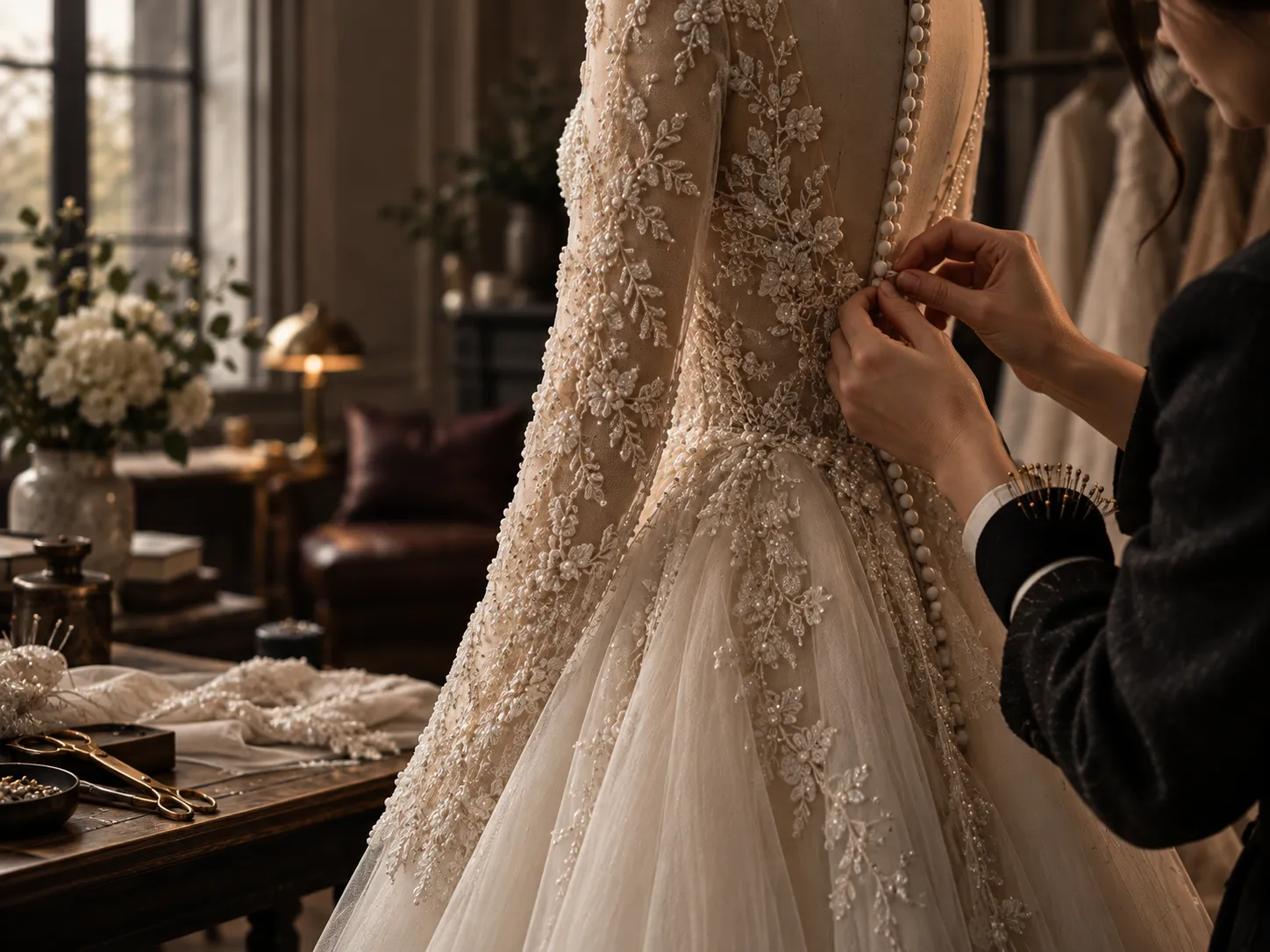 A tailor's hands fastening the buttons on the back of a beaded, embroidered bridal gown